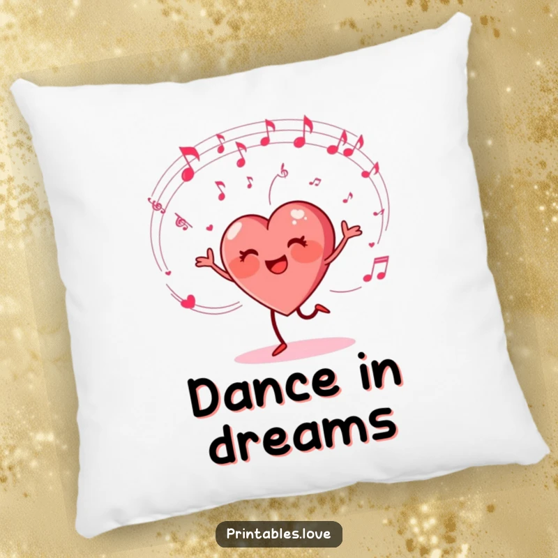 Funny pillow with a heart character happily dancing and musical notes swirling, offering soft comfort and musical humor.