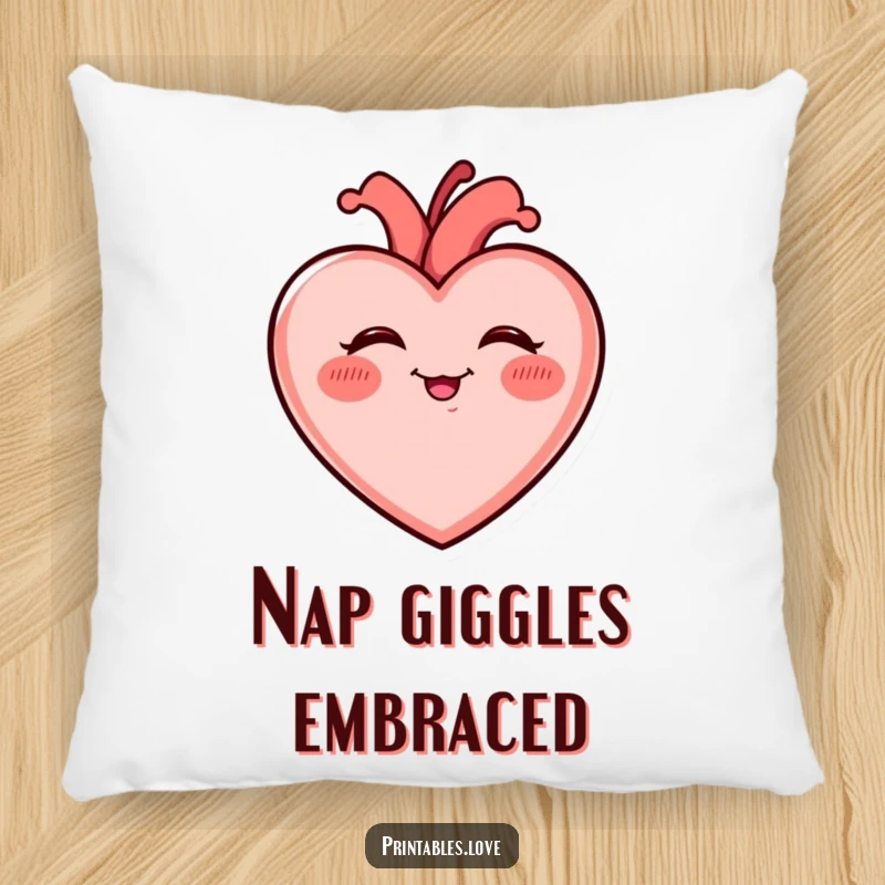 Funny Giggling Heart Pillow with rosy cheeks, giggling uncontrollably, offering comfort and a dose of infectious, heartwarming laughter.