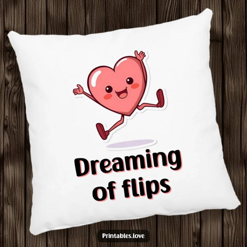 Funny heart pillow, a cartoon heart character doing a cartwheel with a happy expression, perfect for cozying up.