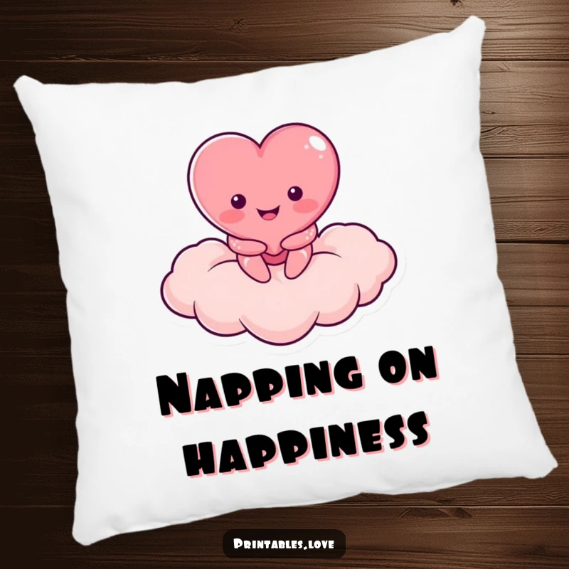 Funny pillow with a smiling heart character sitting on a heart-shaped cloud, ideal for cozy comfort.