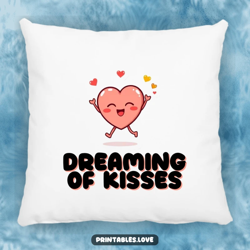 Funny pillow with a joyful heart character leaping and blowing kissy emojis, offering soft comfort and romantic humor.