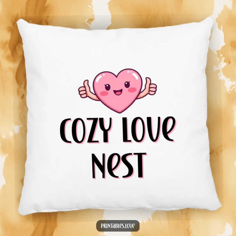 Funny pillow featuring a cute pink heart character with tiny arms, giving a warm thumbs up.