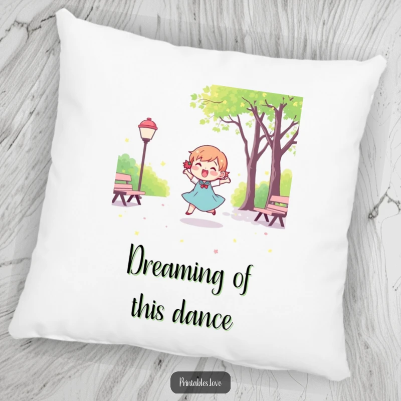 Funny Kawaii Dancing Character Pillow: A soft, decorative pillow featuring a cute, happy character joyfully dancing in a park.
