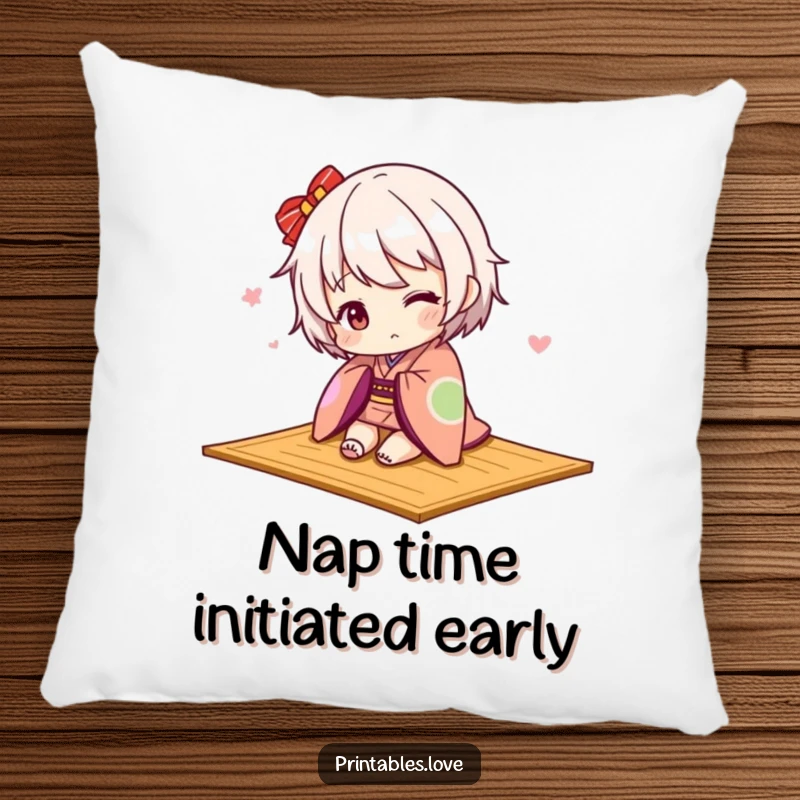 Funny Kawaii kimono pillow, a cute character tripping over a mat, soft and humorous.