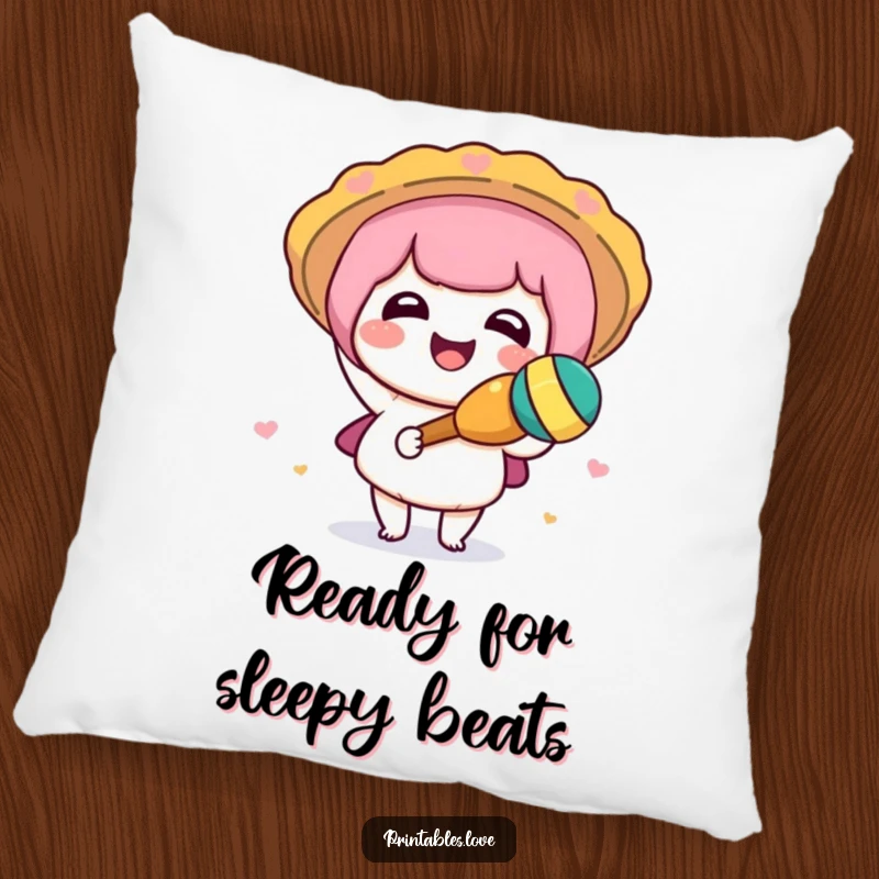 Funny Kawaii pillow featuring a cute character joyfully shaking a maraca, bringing a cozy and festive vibe.