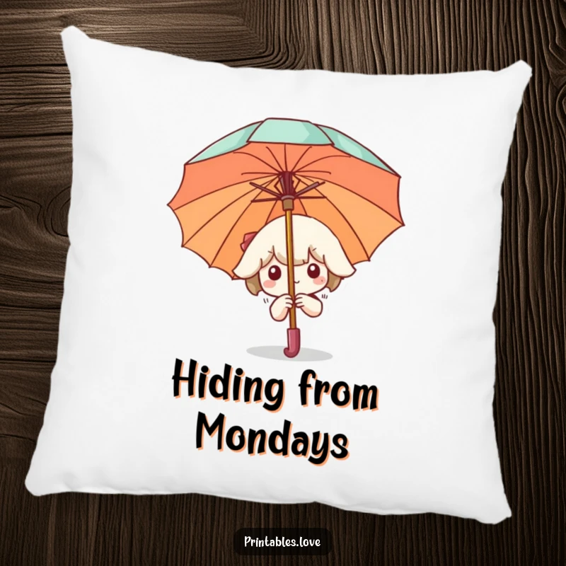 Funny Pillow featuring a Kawaii character peeking from behind a large umbrella, perfect for adding a touch of shy, cozy charm.