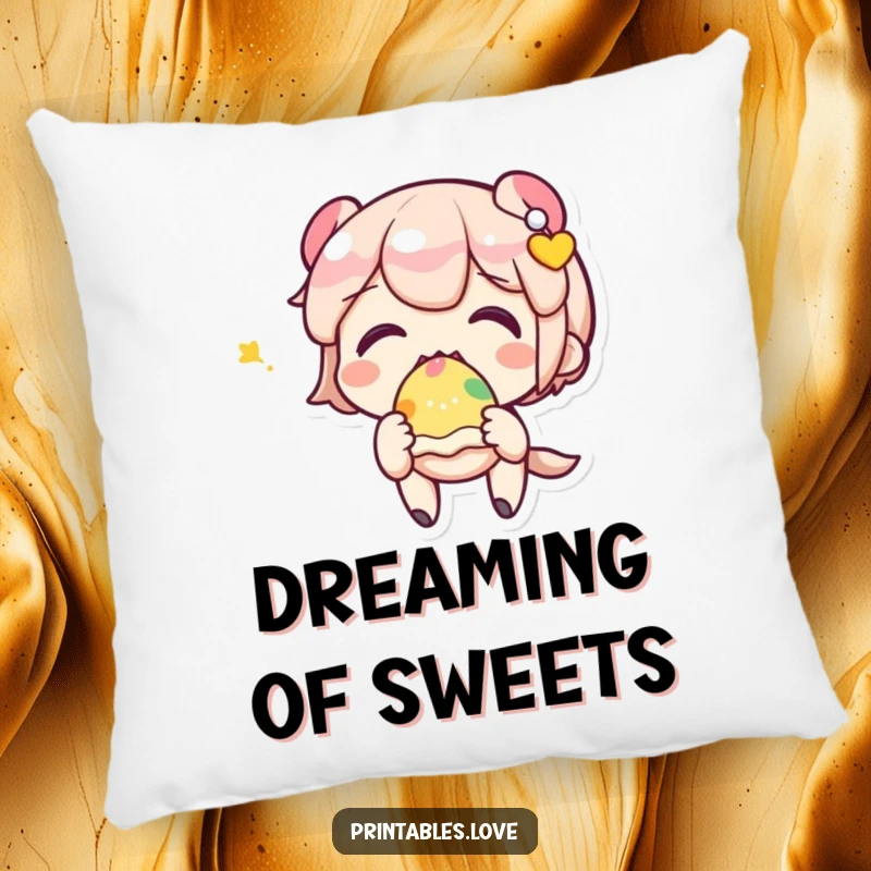 Soft funny pillow featuring an adorable Kawaii character happily eating a colorful sweet treat.