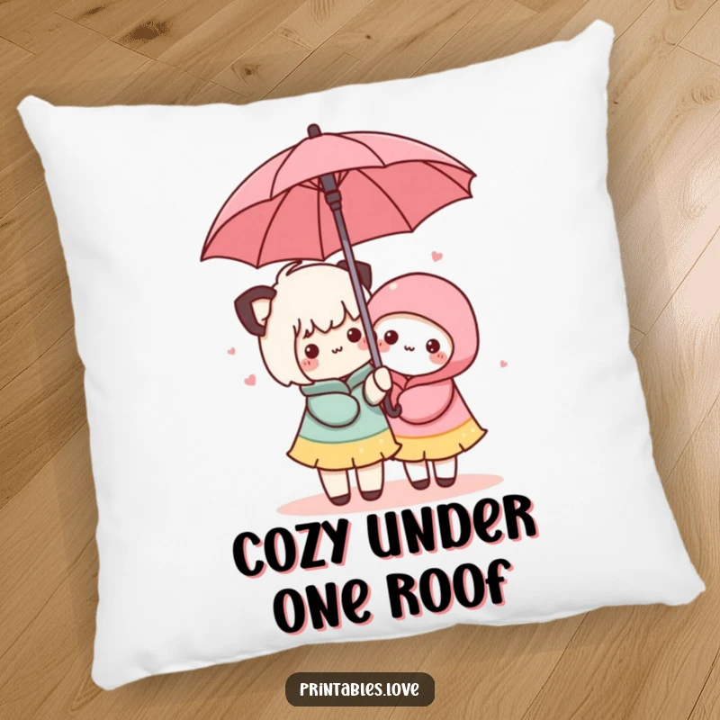 Funny Kawaii Umbrella Pillow: A soft pillow depicting two cute characters sharing shelter under an umbrella.