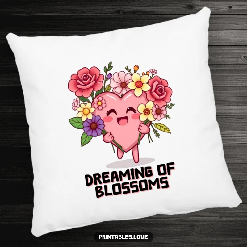 Funny pillow featuring a plump heart character joyfully presenting a colorful and haphazard bouquet of assorted flowers.