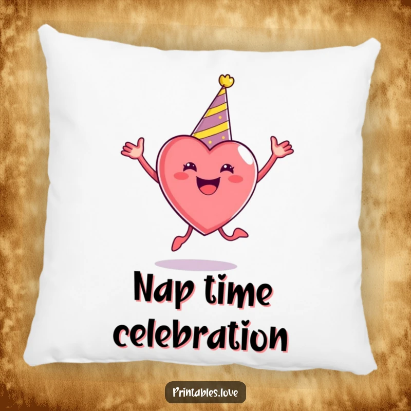 Funny Party Heart Pillow wearing a party hat, enthusiastically jumping, offering comfort and a dose of festive fun.