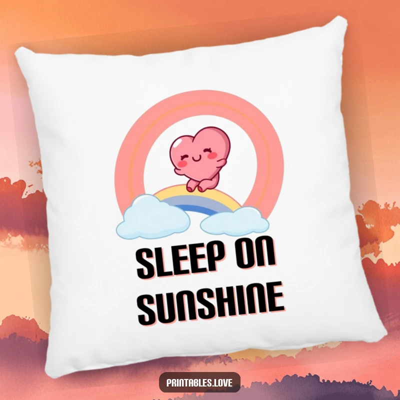 Funny pillow with a rosy-cheeked heart character sliding down a vibrant rainbow with a look of pure glee.