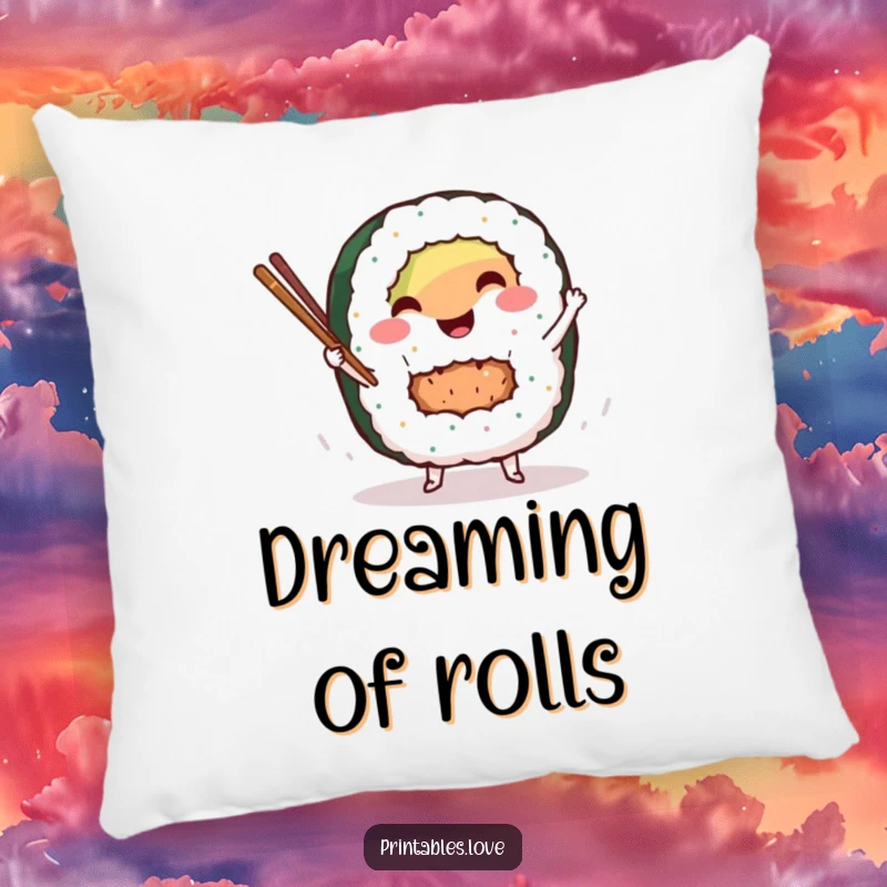 Funny sushi roll pillow with a smiling character dancing with chopsticks, offering comfort and a dash of delicious humor.