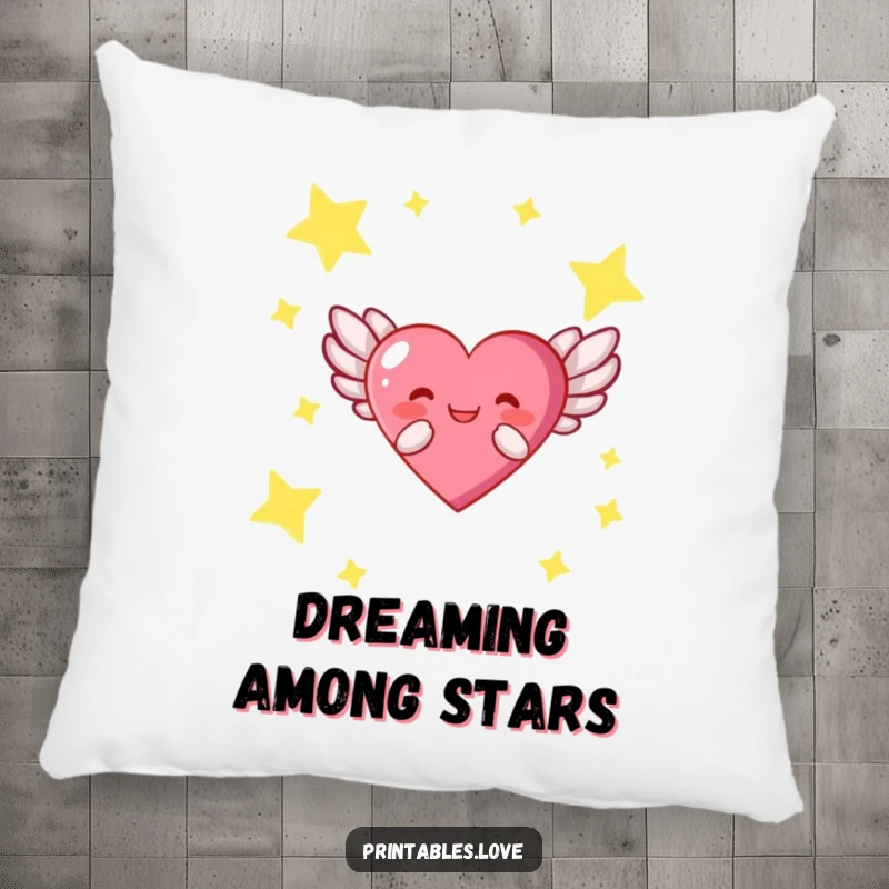 Funny pillow showcasing a serene winged heart character gliding peacefully through a dreamy, star-studded night sky.