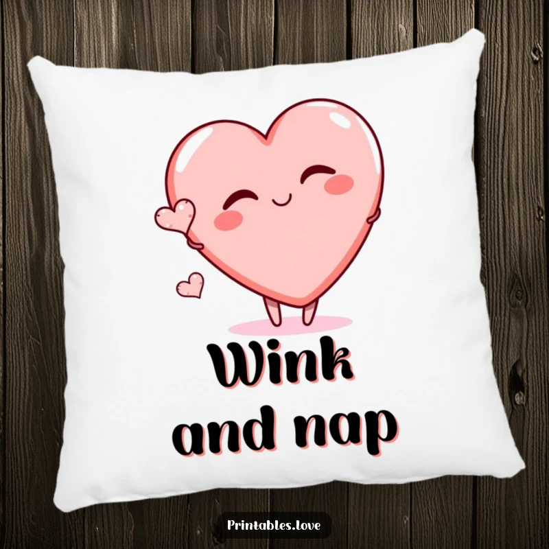 Funny pillow with a large heart character playfully winking and a tiny heart floating, offering soft comfort and playful humor.