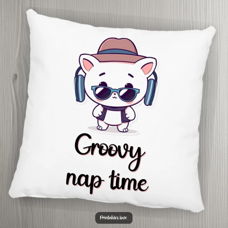 Funny pillow showcasing a stylish Kawaii character in a hat and sunglasses, grooving, adding a touch of whimsy.