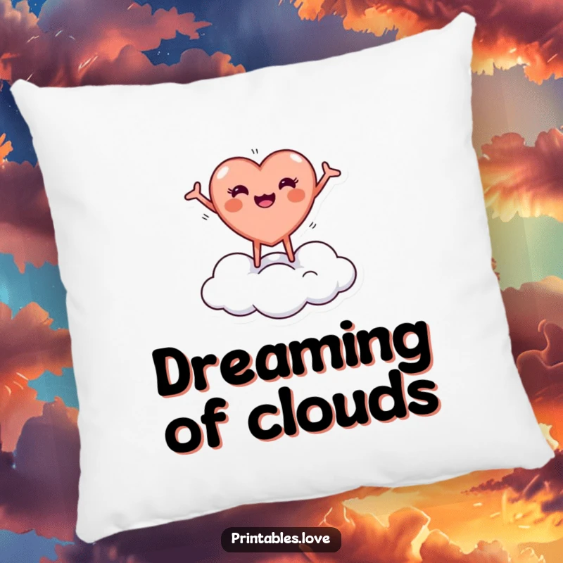 Funny pillow with a tiny, round heart character joyfully bouncing on a cloud with arms outstretched, perfect for cozy decor.