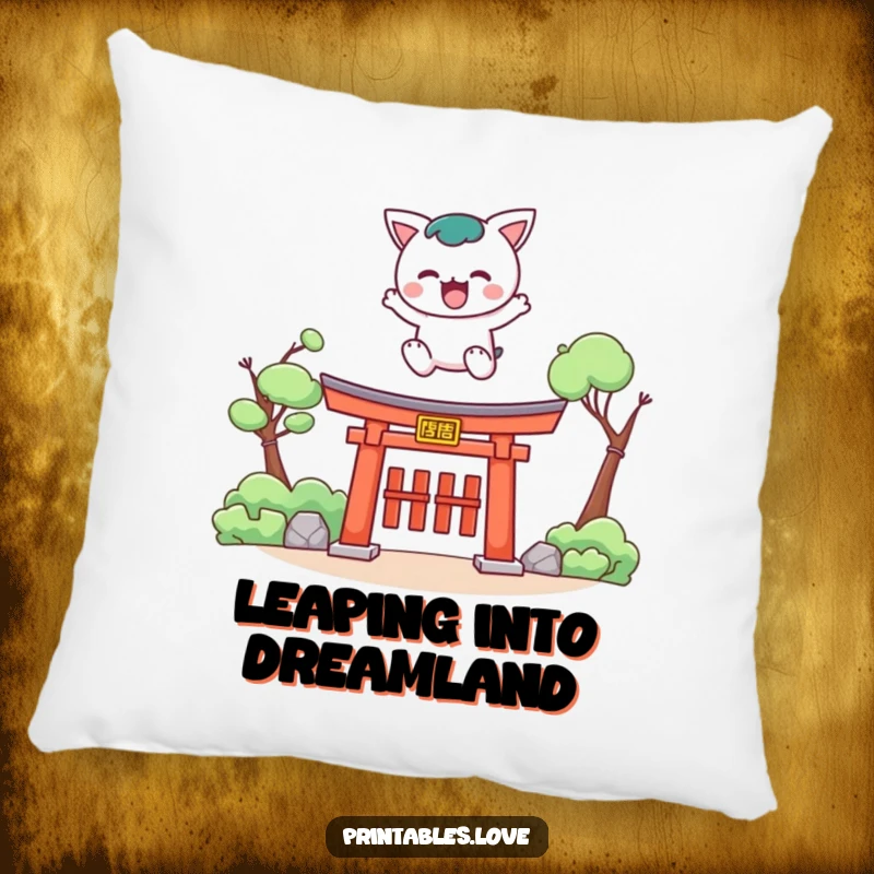 Funny Kawaii pillow showing a cute character leaping over a torii gate, symbolizing courage and aspiration.