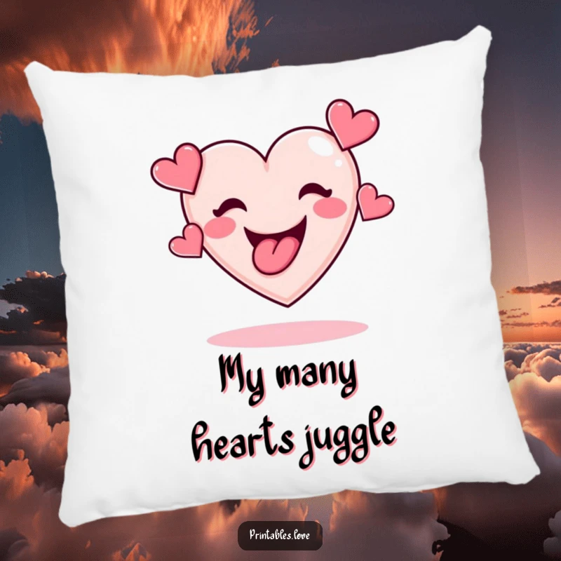Funny pillow featuring a cute heart with its tongue sticking out, juggling a charming array of smaller hearts.