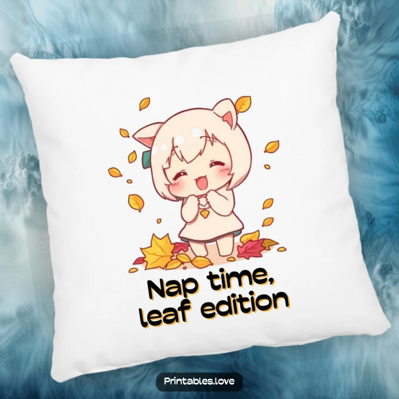Funny Kawaii pillow with a cute character joyfully attempting to catch falling autumn leaves, adding a soft, humorous touch to any room.
