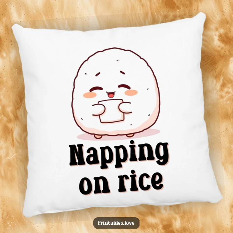 Funny onigiri pillow with a giggling character winking with nori, offering comfort and a dose of playful charm.