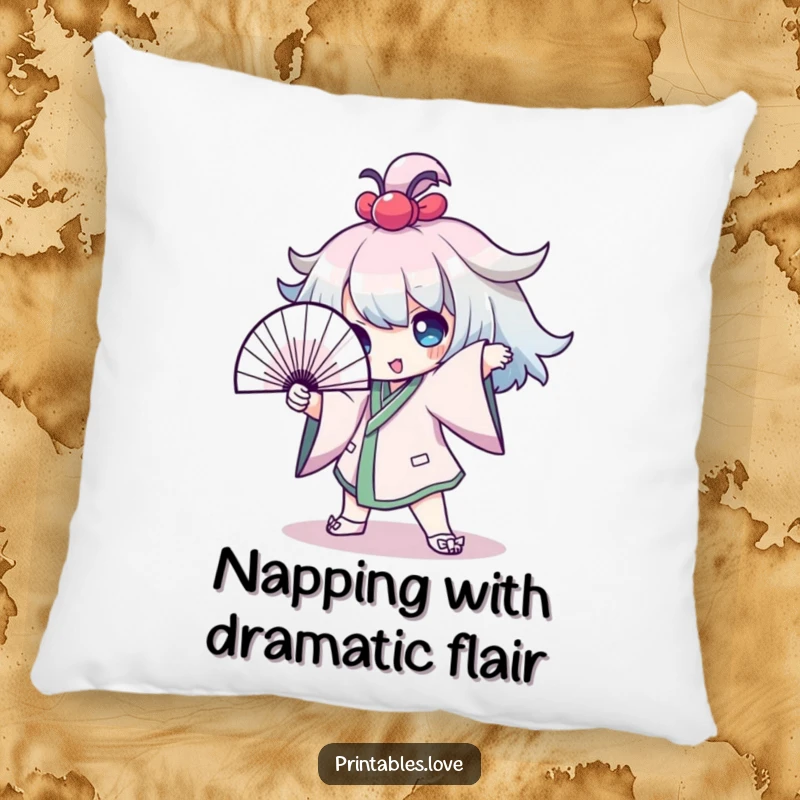Funny Pillow featuring a Kawaii character striking a dramatic pose with a fan, perfect for adding a touch of funny, theatrical charm.