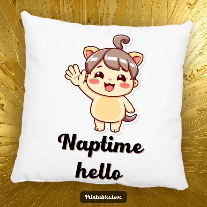 Funny Kawaii Pillow with a cute character performing an oversized, enthusiastic hello wave, perfect for snuggling.