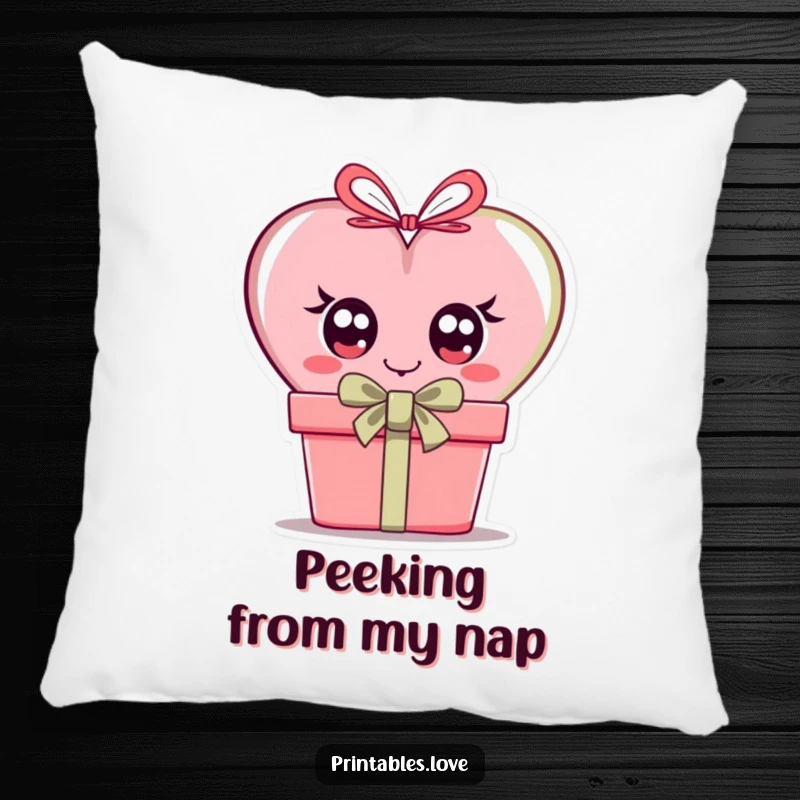 Funny pillow featuring a sweet heart with big, inquisitive eyes, hesitantly peeking from behind a gift box.
