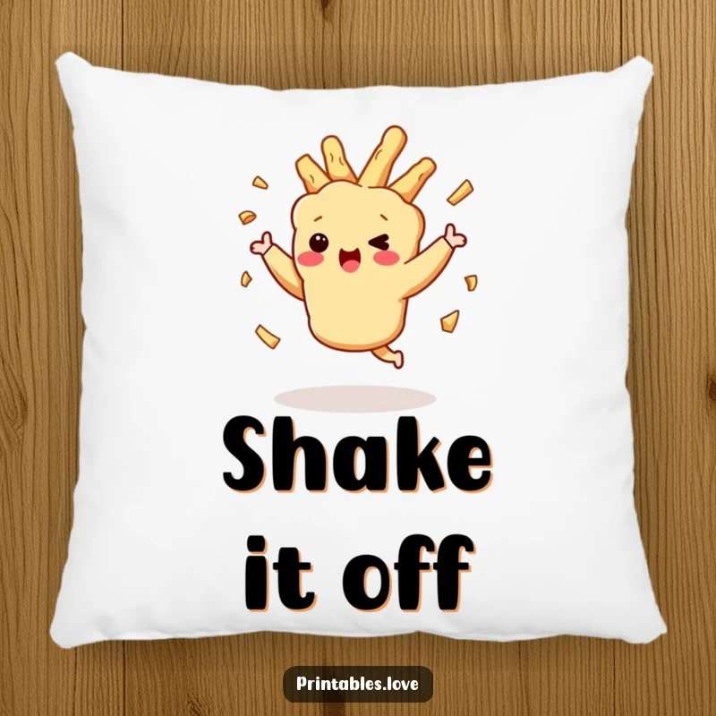Funny dancing tempura character, with playfully flailing crispy bits, on a soft and cuddly decorative pillow.