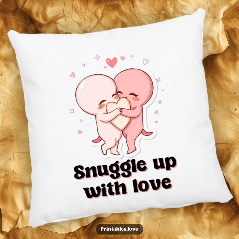Funny pillow design of two heart characters in a close, warm hug, surrounded by sparkling, swirling lines of magic and love.
