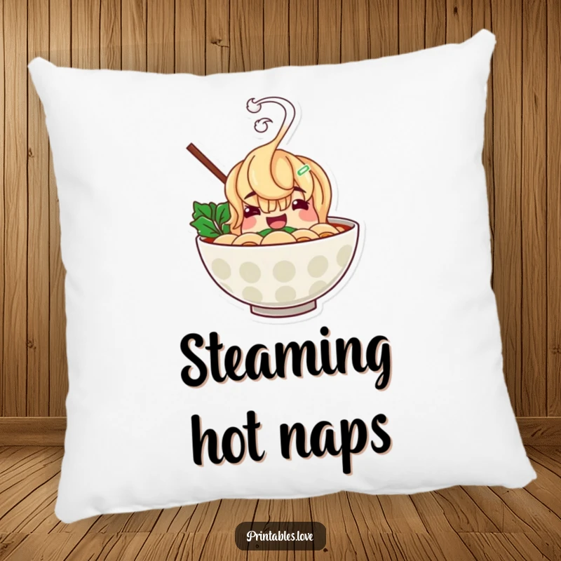 Funny ramen bowl pillow with a cheerful character and hilariously rising steam, offering comfort and a dose of culinary humor.