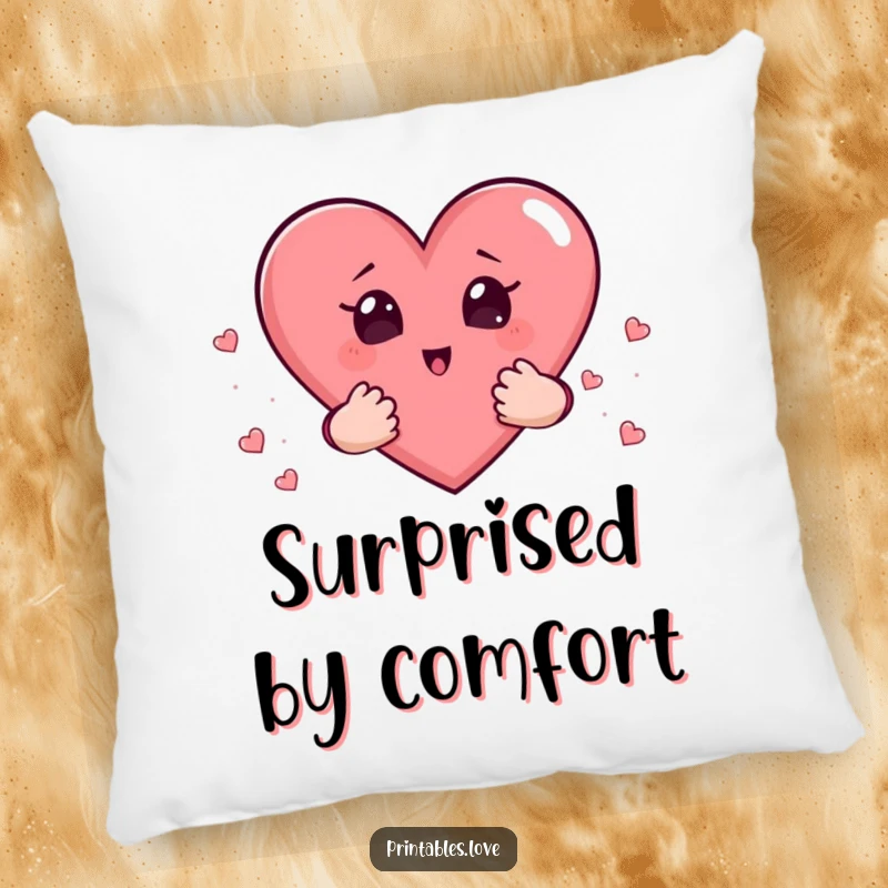Funny pillow featuring an adorable heart with tiny hands carefully holding smaller hearts, looking genuinely surprised.