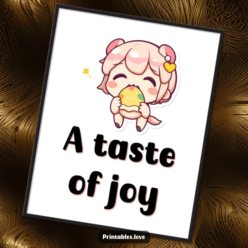 Adorable Kawaii character excitedly eating a colorful sweet treat, downloadable funny digital art for walls.