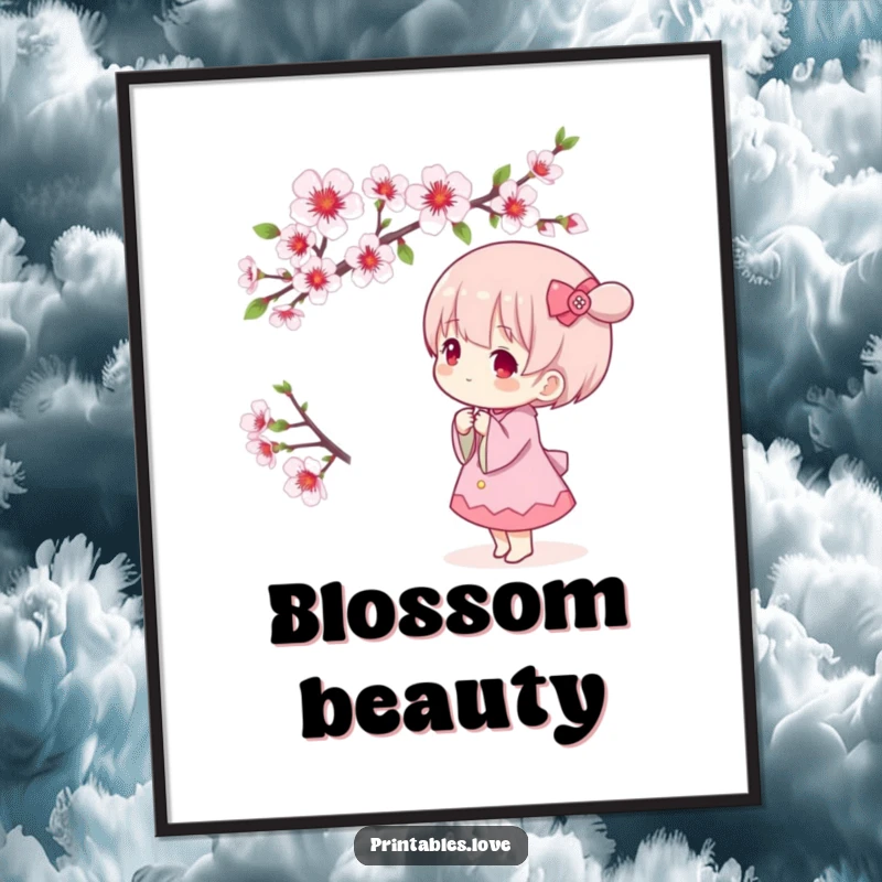 Funny Kawaii digital art print of a cute character peacefully admiring a blooming cherry blossom branch, conveying spring serenity.