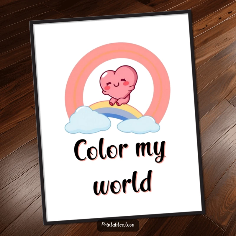 Funny digital art print of a rosy-cheeked heart character sliding down a bright, colorful rainbow with pure glee.