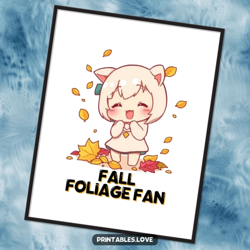Funny Kawaii digital art print of a cute character playfully catching falling autumn leaves, conveying seasonal joy and humor.