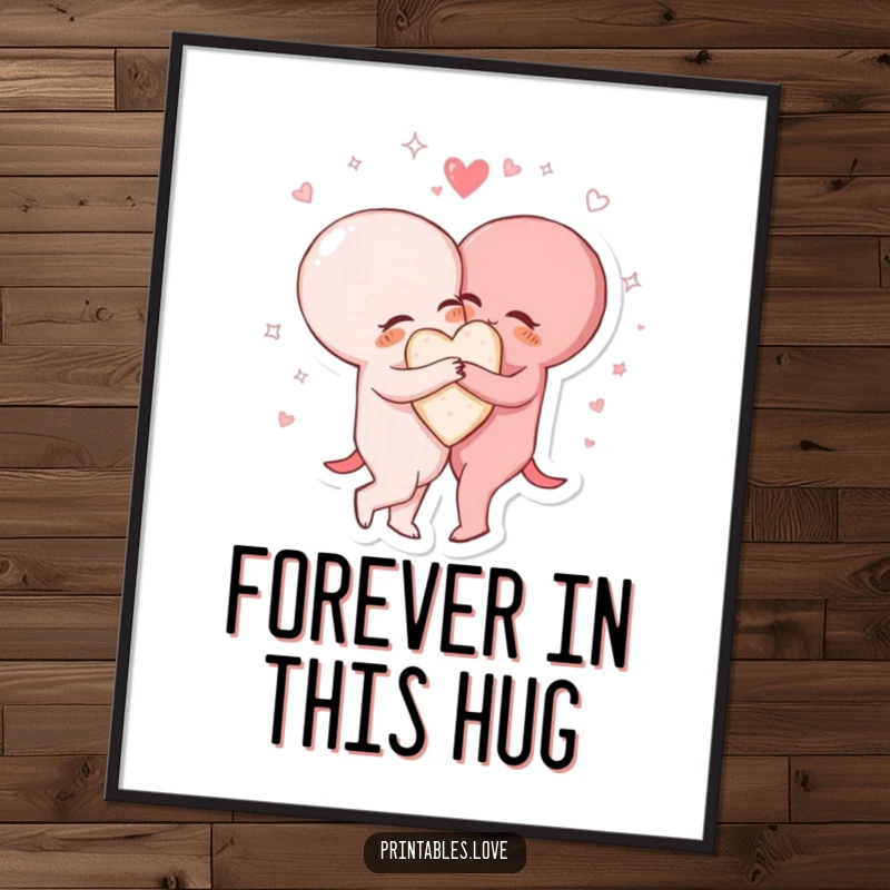 Funny digital art print of two heart characters in a loving hug, surrounded by sparkling, swirling lines symbolizing deep connection.