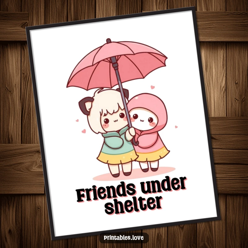 Funny Kawaii Umbrella Digital Art: A downloadable print of two cute characters sharing an umbrella, representing togetherness.