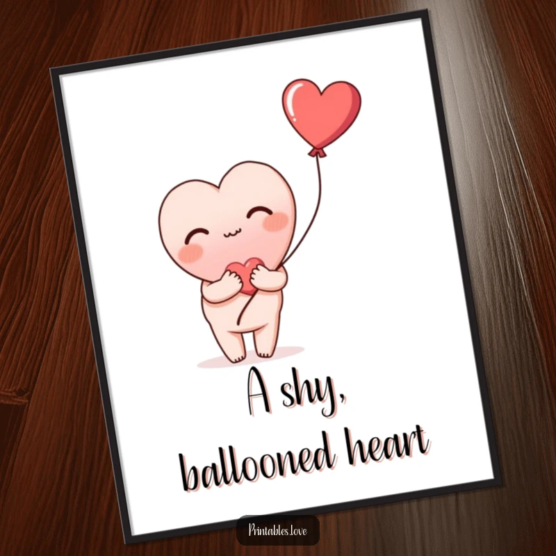 Funny digital art print of a heart blushing shyly and holding a heart balloon, adding sweet emotion and humor to any space.