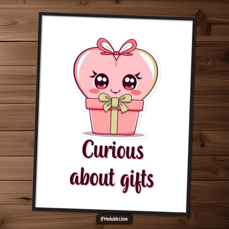 Funny digital art print showing a heart with large, inquisitive eyes, peekaboo style, from behind a gift box.