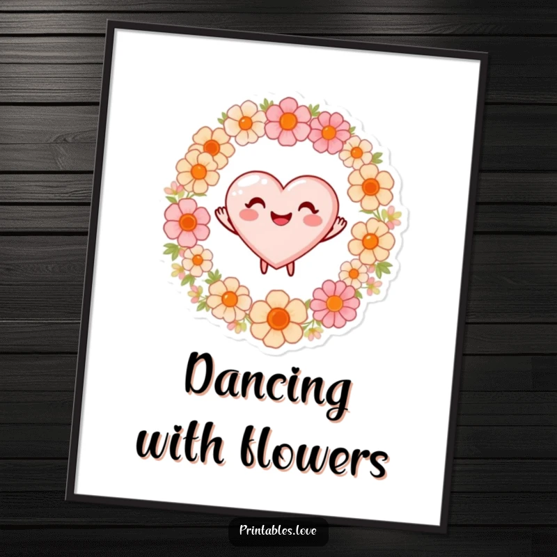 Funny digital art print of a heart with a beaming smile, dancing joyfully around a circle of flowers.