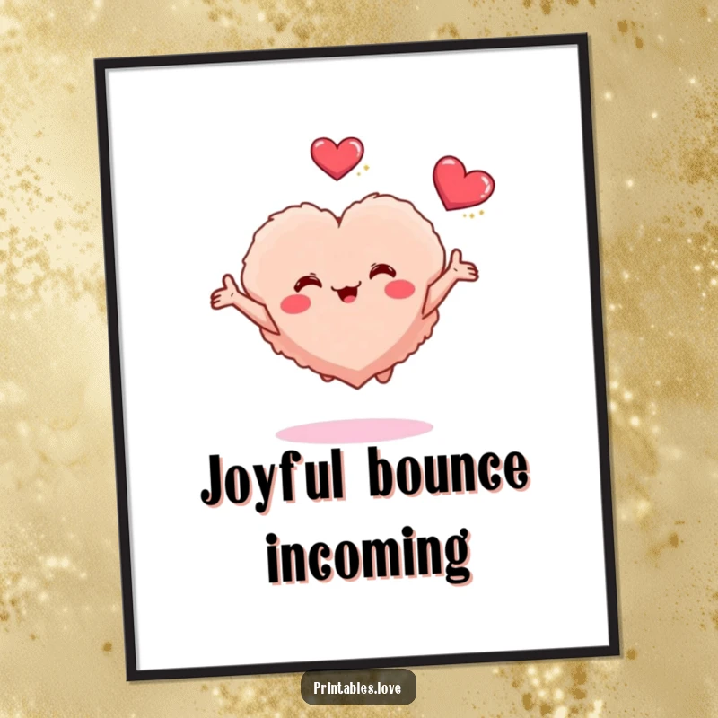 Funny digital art print of a small, fluffy heart character bouncing with arms outstretched, embodying pure joy and delight.