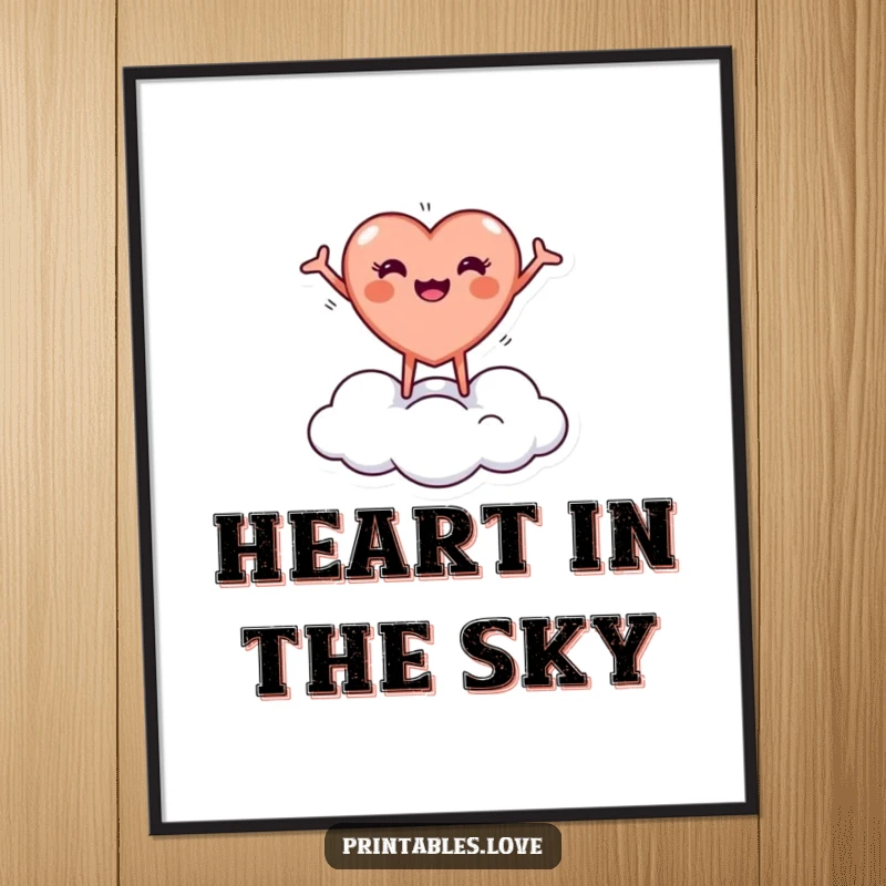 Funny digital art print with a tiny, round heart character joyfully bouncing on a cloud with arms outstretched, adding joy to decor.