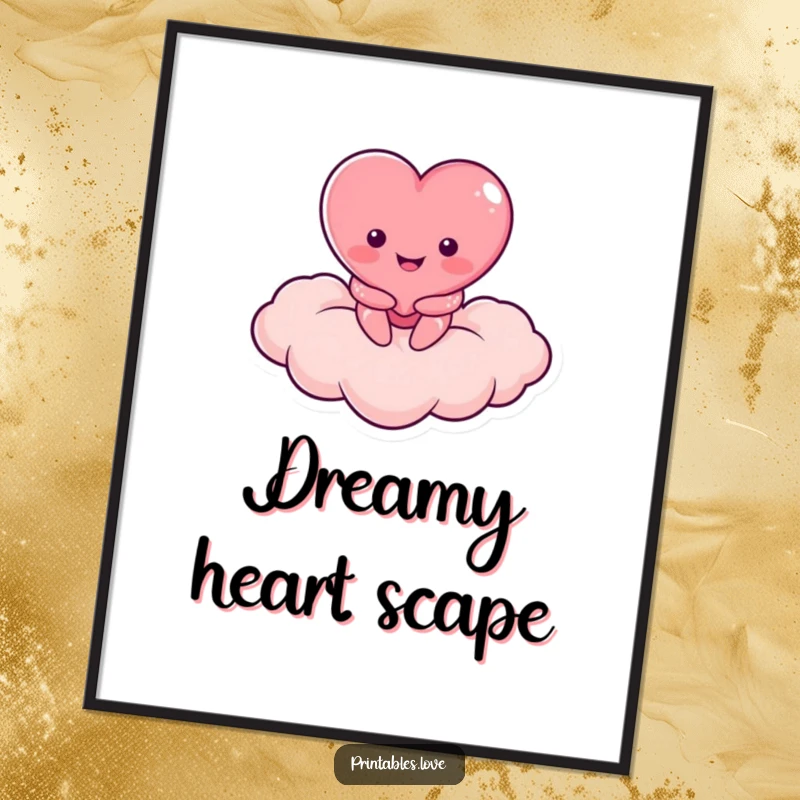 Funny digital art print of a smiling heart character resting on a heart-shaped cloud, perfect for instant decor.