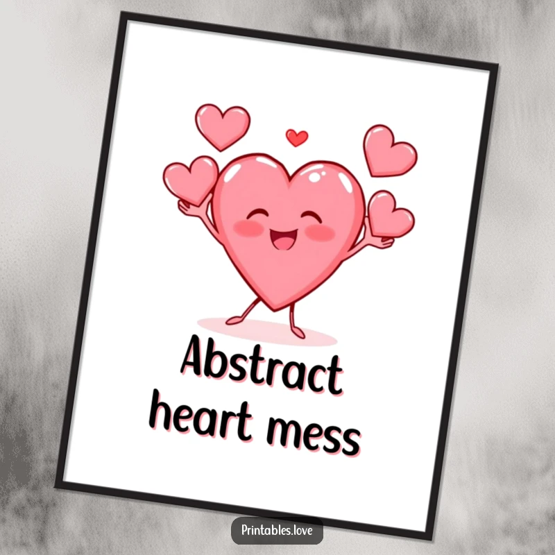 Funny digital art print of a gleeful heart character joyfully juggling three small hearts, great for instant decor.