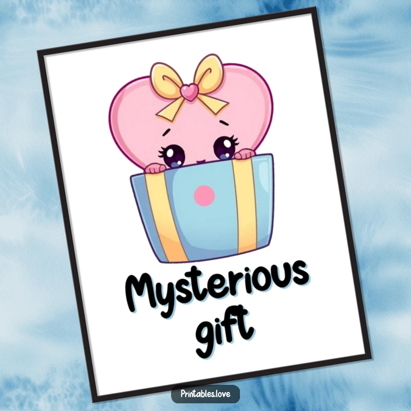 Funny digital art print of a heart character with wide eyes peeking from behind a large, colorful gift box.