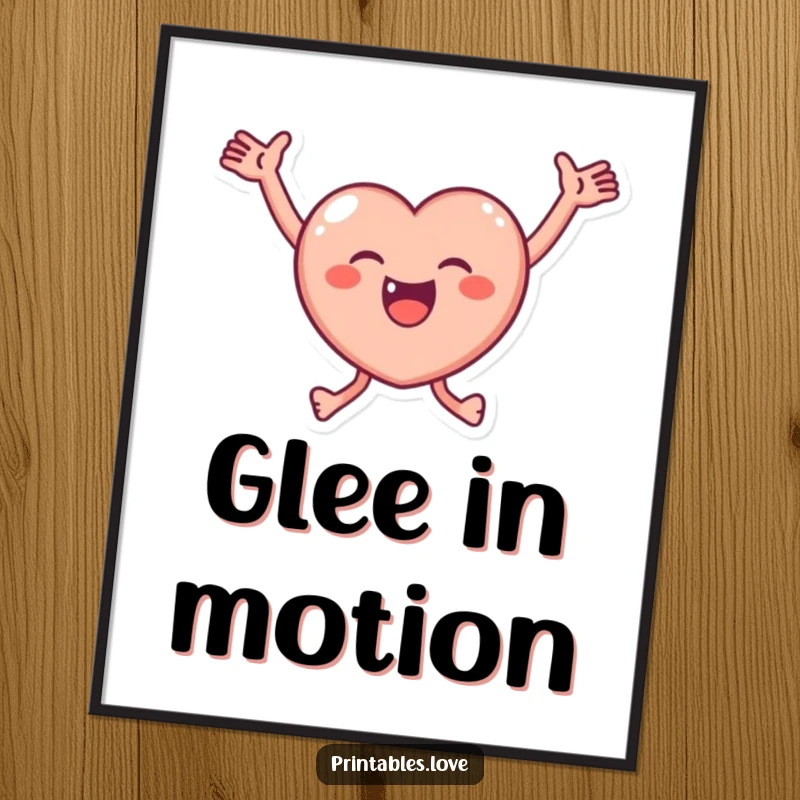 Funny Digital Art Print of a small, round heart character joyfully leaping with arms outstretched, capturing pure elation and vibrant energy.