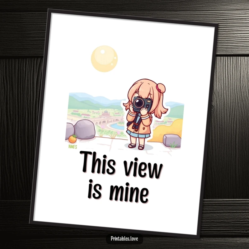 Funny Kawaii Camera Digital Art: A downloadable print of a cute character posing with a camera in a beautiful, scenic location.