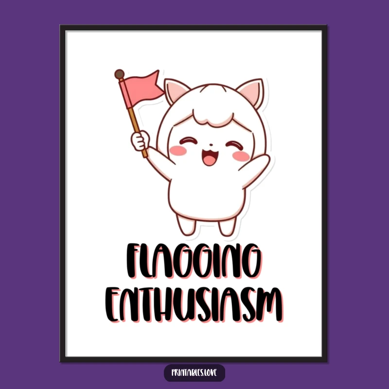 Funny Kawaii Cheerful Digital Print: Exciting Flag Waving Art