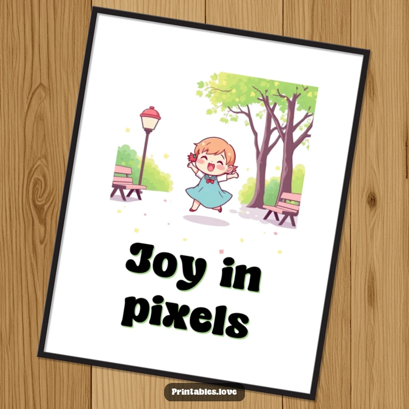 Funny Kawaii Dancing Character Digital Art: A downloadable print of a cute, happy character dancing with abandon in a park.