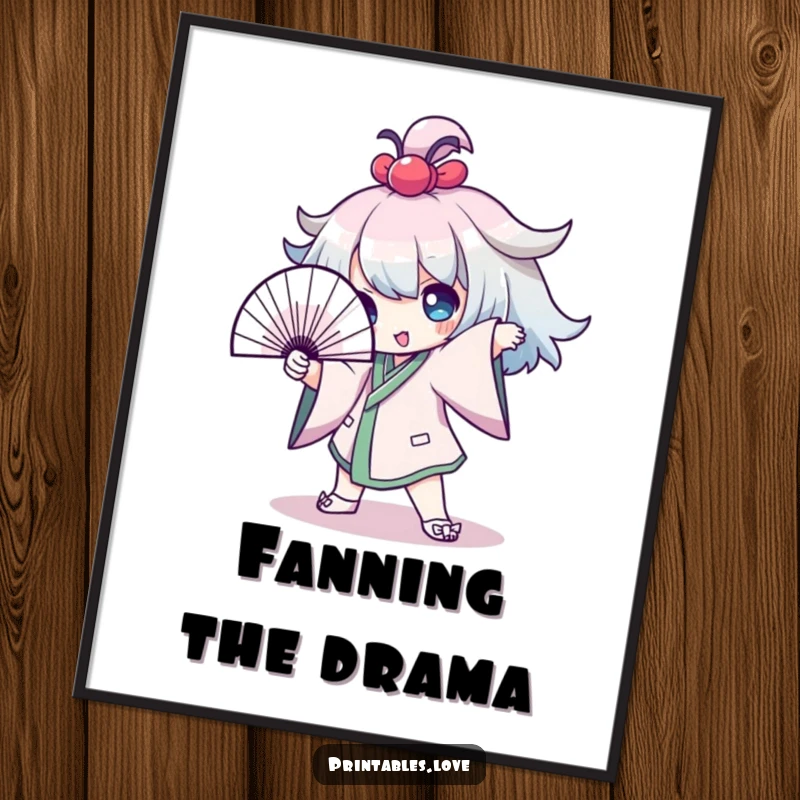 Funny Digital Art Print of a Kawaii character striking a dramatic pose with a fan, perfect for instant humorous wall decor.